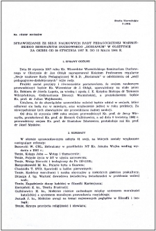 Sprawozdanie ze sesji naukowych Rady Pedagogicznej Warmińskiego Seminarium Duchownego "Hosianum" w Olsztynie za okres od 29 stycznia 1957 r. do 12 maja 1964 r.