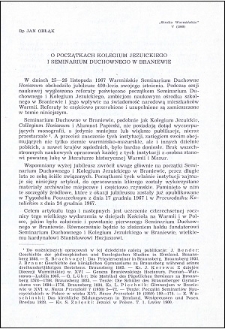 O początkach Kolegium Jezuickiego i Seminarium Duchownego w Braniewie