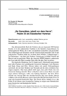 "Ihr Gerechten, jubelt vor dem Herrn" : Psalm 33 als klassicher Hymnus