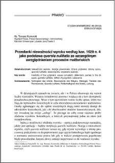 Przesłanki nieważności wyroku według kan. 1620 n. 4 jako podstawa "querela nullitatis" ze szczególnym uwzględnieniem procesów małżeńskich