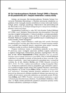 XII Dni Interdyscyplinarne Wydziału Teologii UWM w Olsztynie, 24-25 października 2011 : "Rozpad małżeństwa i rodziny dzisiaj"