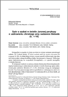Spór o szabat w świetle Janowej perykopy o uzdrowieniu chromego przy sadzawce Betesda (5, 1–18)