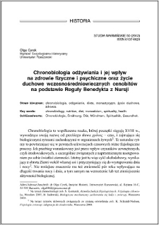 Chronobiologia odżywiania i jej wpływ na zdrowie fizyczne i psychiczne oraz życie duchowe wczesnośredniowiecznych cenobitów na podstawie Reguły Benedykta z Nursji