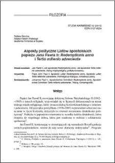 Aspekty polityczne Listów apostolskich papieża Jana Pawła II: "Redemptionis anno i Tertio millenio adveniente"