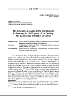 The relations between state and religion in Germany in 20–30 years of XX century: the experience of Baptist societies