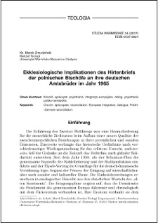 Ekklesiologische Implikationen des Hirtenbriefs der polnischen Bischöfe an ihre deutschen Amtsbrüder im Jahr 1965