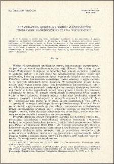 Prawodawca kościelny wobec ważniejszych problemów kanonicznego prawa wschodniego