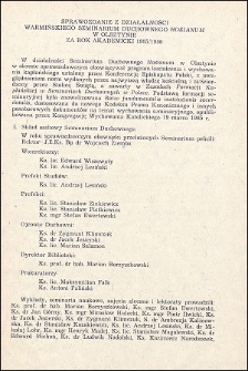 Sprawozdanie z działalności Warmińskiego Seminarium Duchownego "Hosianum” w Olsztynie za rok akademicki 1985/1986