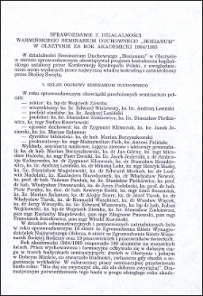 Sprawozdanie z działalności Warmińskiego Seminarium Duchownego "Hosianum" w Olsztynie za rok akademicki 1984/1985