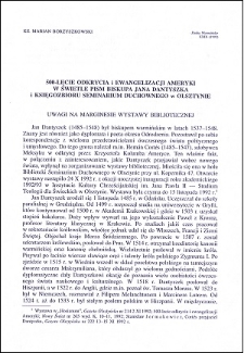 500-lecie odkrycia i ewangelizacji Ameryki w świetle pism biskupa Jana Dantyszka i księgozbioru Seminarium Duchownego w Olsztynie : uwagi na marginesie wystawy bibliotecznej