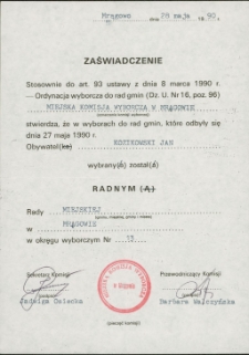 Zaświadczenie o wybraniu na radnego 1990