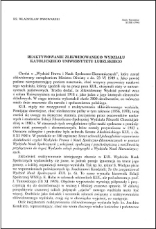 Reaktywowanie zlikwidowanego Wydziału Katolickiego Uniwersytetu Lubelskiego