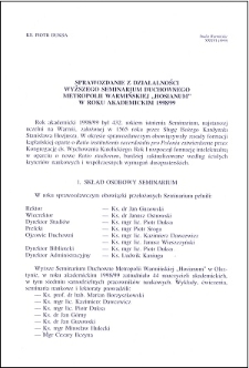 Sprawozdanie z działalności Wyższego Seminarium Duchownego Metropolii Warmińskiej "Hosianum" w roku akademickim 1998/99