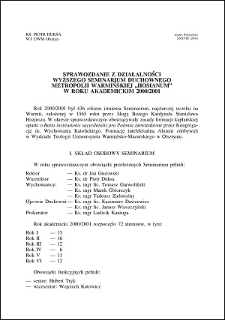 Sprawozdanie z działalności Wyższego Seminarium Duchownego Metropolii Warmińskiej "Hosianum" w roku akademickim 2000/2001