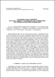 Człowiek jako surowiec : etyczne aspekty wykorzystania embrionów we współczesnej biotechnologii