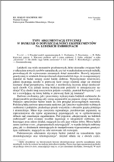 Typy argumentacji etycznej w dyskusji o dopuszczalności eksperymentów na ludzkich embrionach
