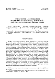 Rajmund Lull jako prekursor metody dialogu w misyjnej działalności Kościoła katolickiego w średniowieczu