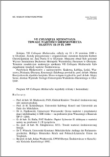 VII Colloquia Mediaevalia : Trwałe wartości Średniowiecza, Olsztyn 18-19 IX 1999