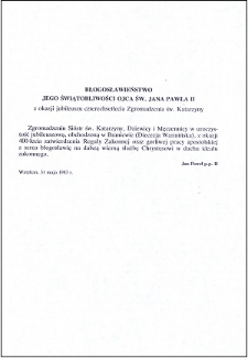 Błogosławieństwo Jego Świątobliwości Ojca Świętego Jana Pawła II
