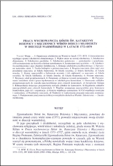 Praca wychowawcza Sióstr św. Katarzyny Dziewicy i Męczennicy wśród dzieci i młodzieży w Diecezji Warmińskiej w latach 1772-1870