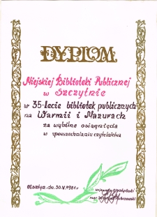 [Dyplom w 35-lecie Bibliotek Publicznych na Warmii i Mazurach]