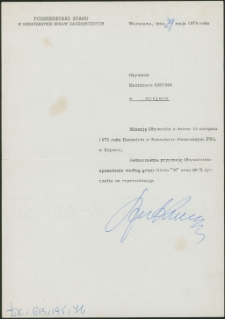 [Mianowanie Kazimierza Grynisa Konsulem w Kijowie 1976]