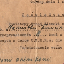 Zaświadczenie z Powiatowego Urzędu Ziemskiego w Gołdapie (1 sierpnia 1946 r.)