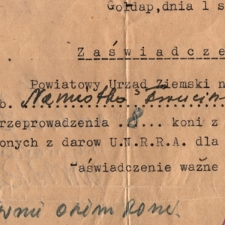 Zaświadczenie z Powiatowego Urzędu Ziemskiego w Gołdapie (1 sierpnia 1946 r.)