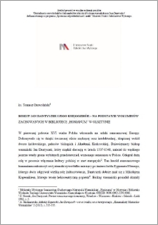 Biskup Jan Dantyszek i jego księgozbiór – na podstawie woluminów zachowanych w Bibliotece „Hosianum” w Olsztynie