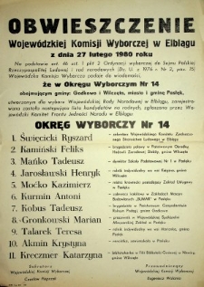 [Obwieszczenie Wojewódzkiej Komisj Wyborczej w Elblągu z dnia 27 lutego 1980 roku]