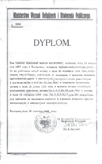 Dyplom uzyskania kwalifikacji nauczycielskich przez Tadeusza Młodkowskiego