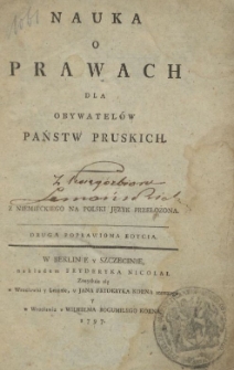 Nauka O Prawach Dla Obywatelów Państw Pruskich : Z Niemieckiego Na Polski Język Przełożona