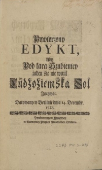 Powtorzony Edykt, Aby Pod karą Szubienicy żaden się nie waźił Cudzoziemską Sól Zażywać. Datowany w Berlinie dnia 14. Decembr. 1728