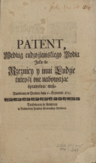 Patent, Według cudzoziemskiego Bydła Jako śię Rzeźnicy y inni Ludzie tuteyśi one nabywając sprawować mają. Datowany w Berlinie dnia 10. Septembr. 1725