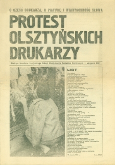 Protest Olsztyńskich Drukarzy : biuletyn Komitetu Strajkowego Załogi Olsztyńskich Zakładów Graficznych, 1981, [nr] sierpień