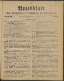 Amtsblatt der Königlichen Regierung zu Allenstein, 1908 Jg. 4, Stück 18 + Sonder-Beilage