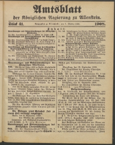 Amtsblatt der Königlichen Regierung zu Allenstein, 1908 Jg. 4, Stück 41 + Extrablatt