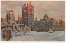 Hauptstraße mit der zerstörten Kirche in Lyck. Ostpreußenwährend des Weltkrieges 1914/15 nach Originalen von A. Kraska