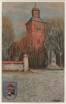 Kirche und Kaiser-Wilhelm-Denkmal in Angerbur. Ostpreußenwährend des Weltkrieges 1914/15 nach Originalen von A. Kraska
